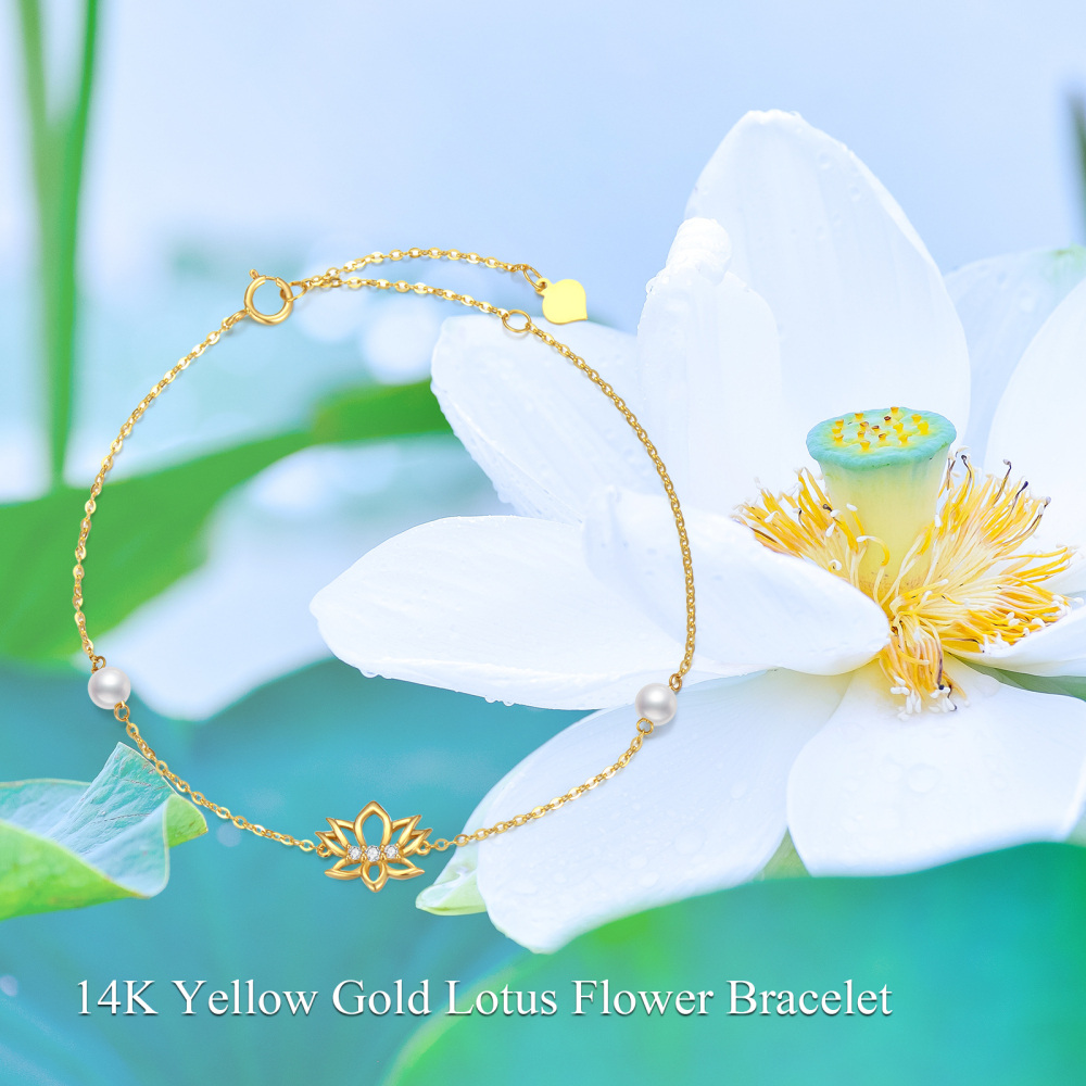 10K Gold Pearl Lotus Charm Bracelet-6