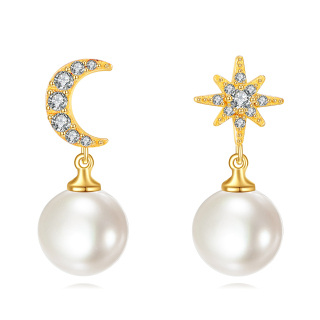 14K Gold Cubic Zirconia & Pearl Moon & Star Drop Earrings-6