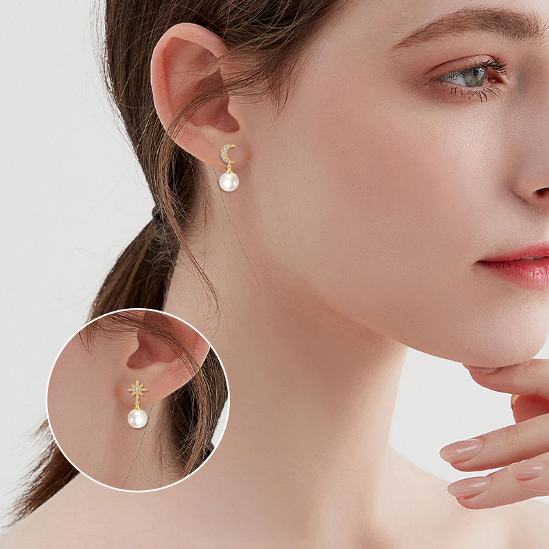 أقراط متدلية من الذهب عيار 10 قيراطًا مرصعة بالزركونيا المكعبة واللؤلؤ والقمر والنجمة-2