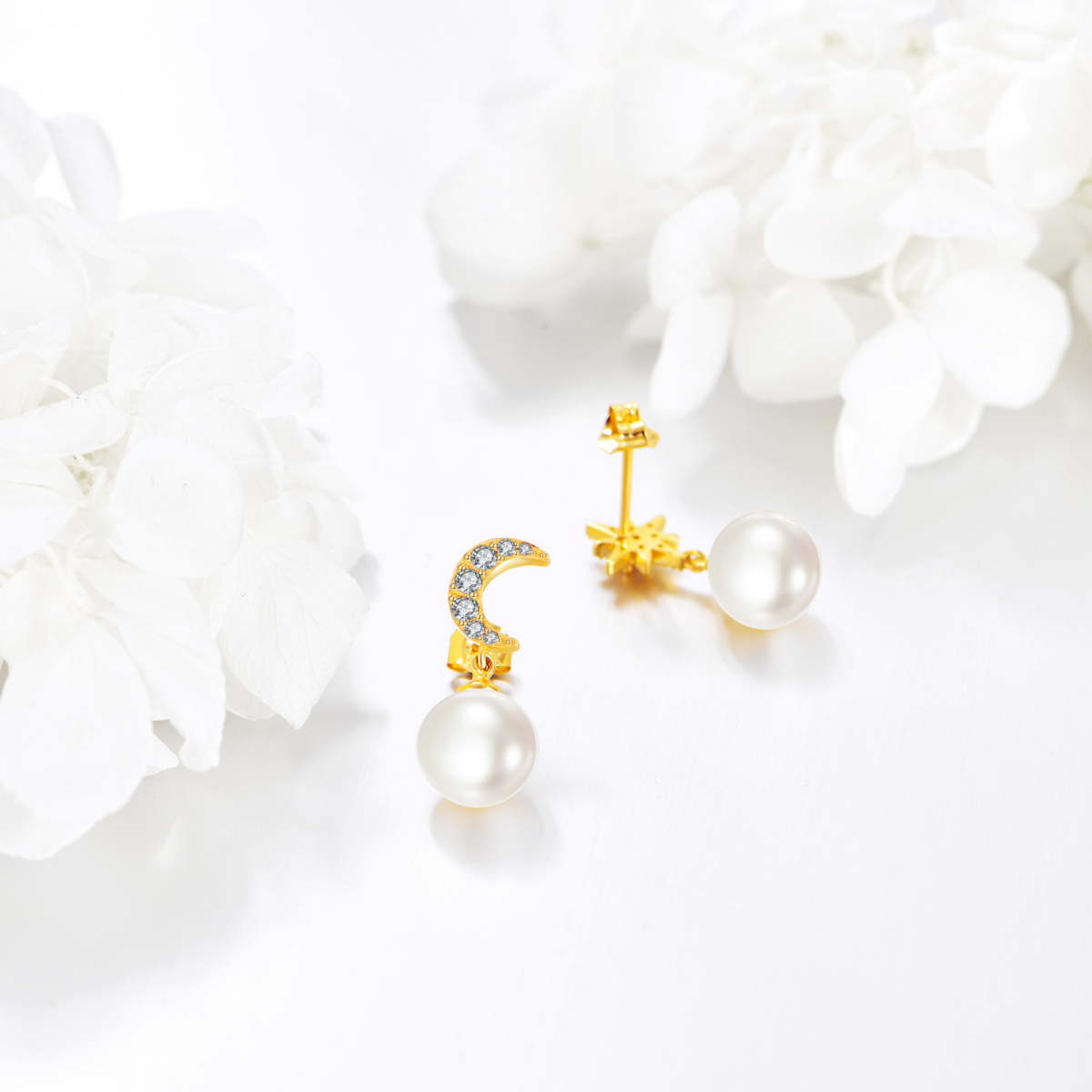 14K Gold Cubic Zirconia & Pearl Moon & Star Drop Earrings-3