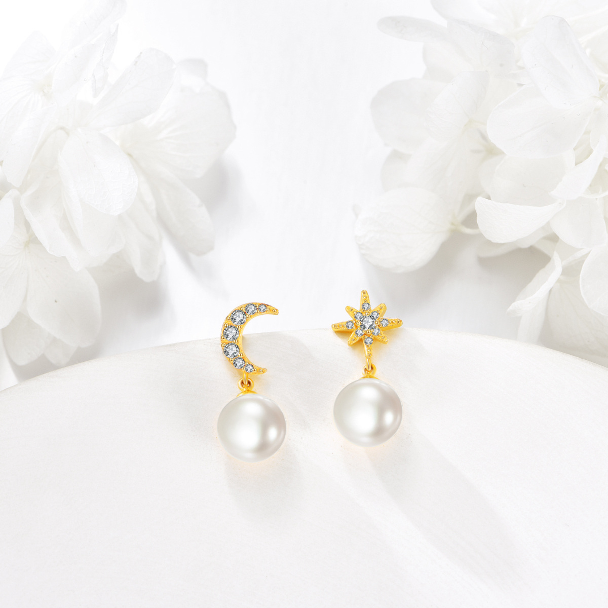 14K Gold Cubic Zirconia & Pearl Moon & Star Drop Earrings-4