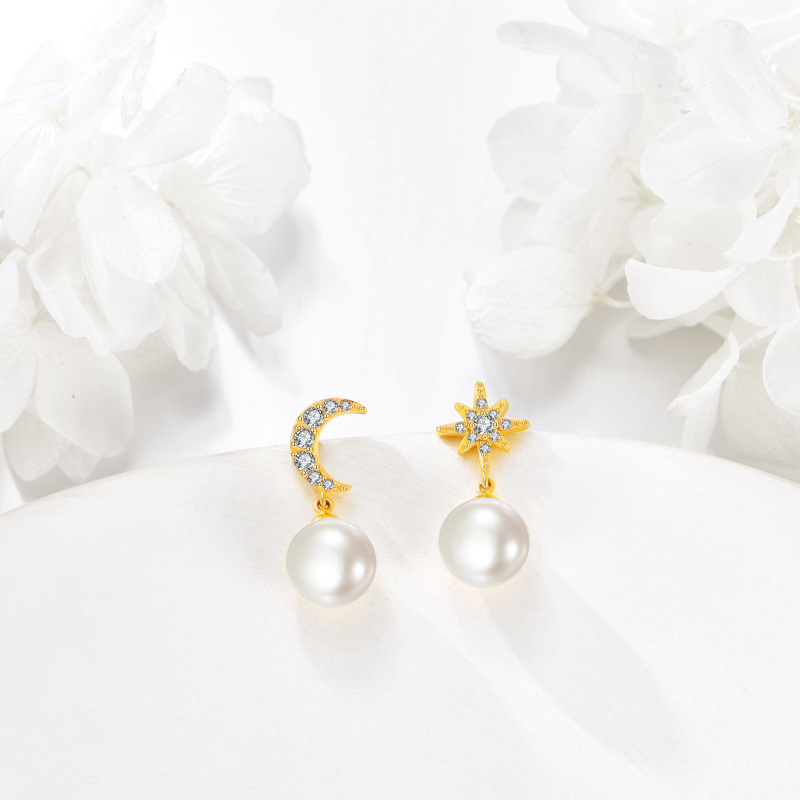 أقراط متدلية من الذهب عيار 10 قيراطًا مرصعة بالزركونيا المكعبة واللؤلؤ والقمر والنجمة-4