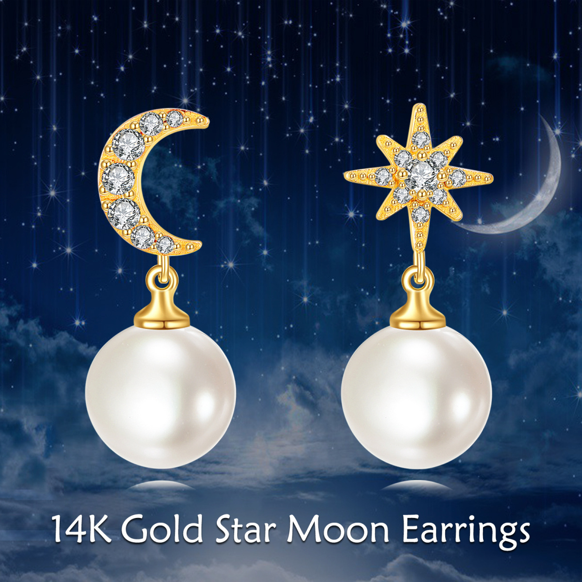 14K Gold Cubic Zirconia & Pearl Moon & Star Drop Earrings-6