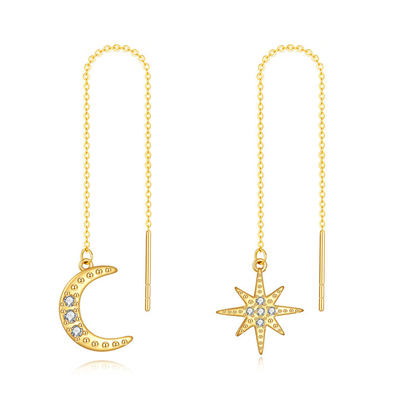 Brincos de gota em forma de lua e estrela com zircónias cúbicas em ouro 14K-15