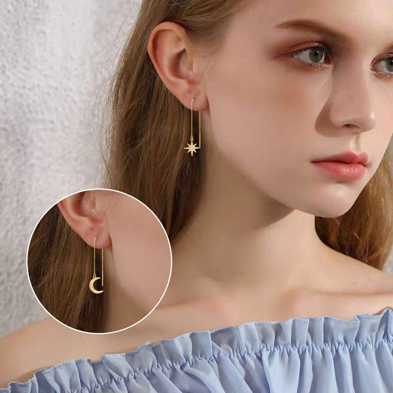 14K Gold Cubic Zirconia Moon & Star Drop Earrings-2