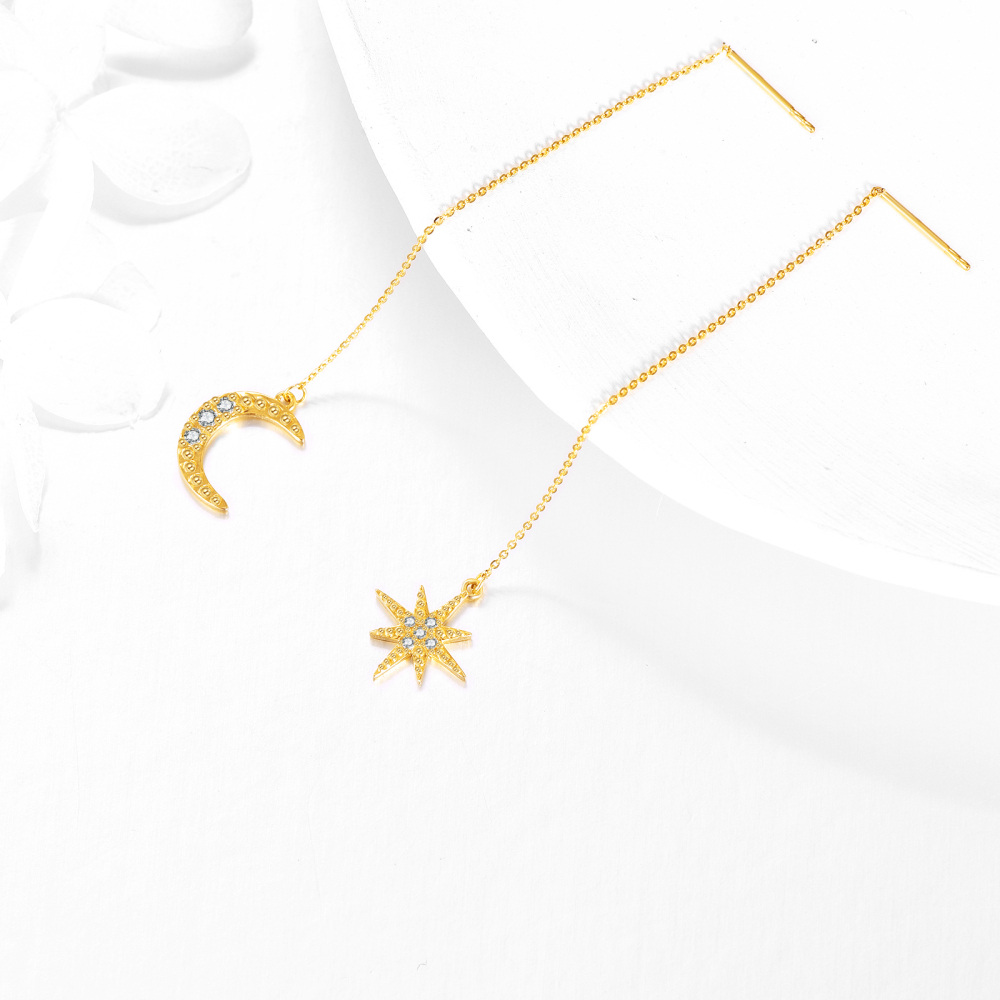 14K Gold Cubic Zirconia Moon & Star Drop Earrings-4