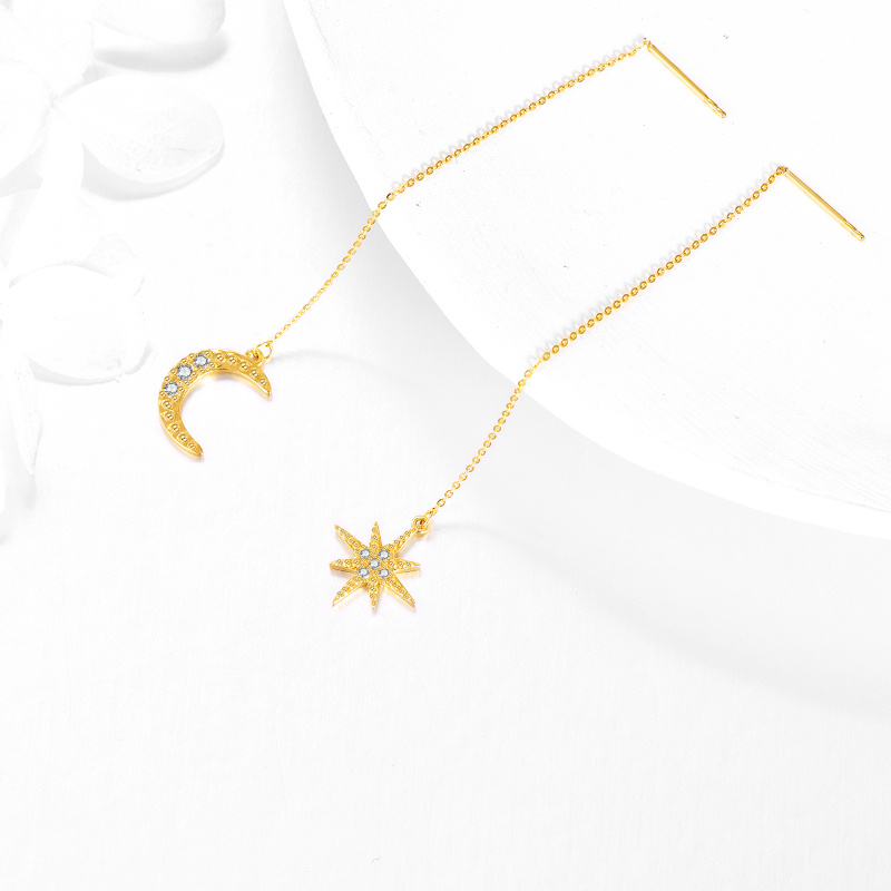 14K Gold Cubic Zirconia Moon & Star Drop Earrings-4