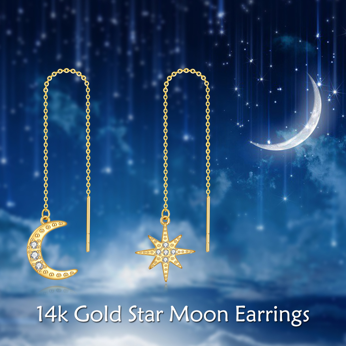 Pendientes colgantes de luna y estrella con circonita cúbica en oro de 14 quilates-6