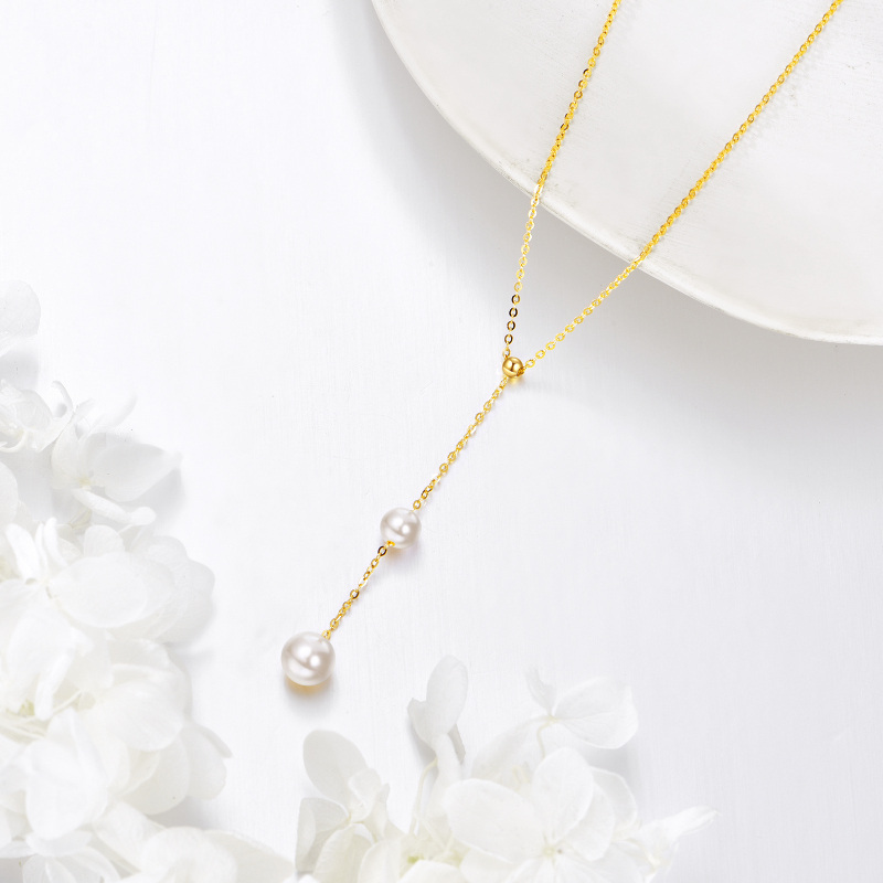 Colar em Y com pérola redonda em ouro branco de 10 quilates, sem ajuste.-4