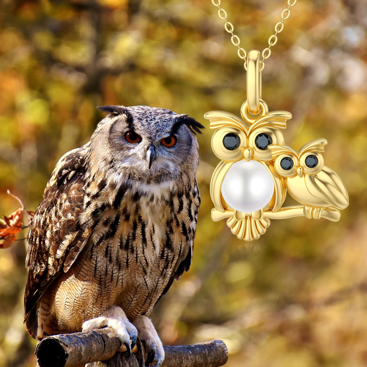 Collier avec pendentif hibou en or 14K et perles-3