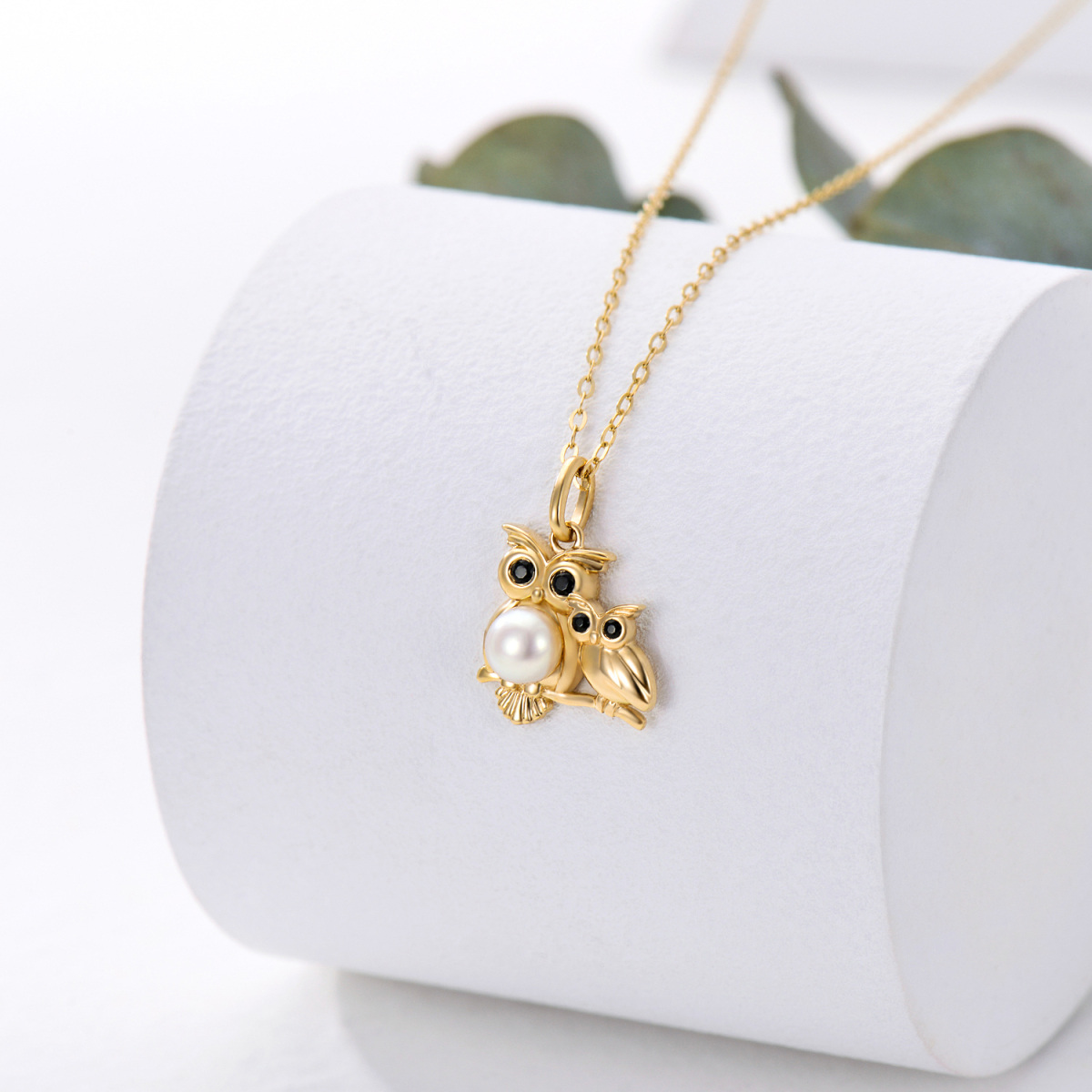 14K Gold Pearl Owl Pendant Necklace-4