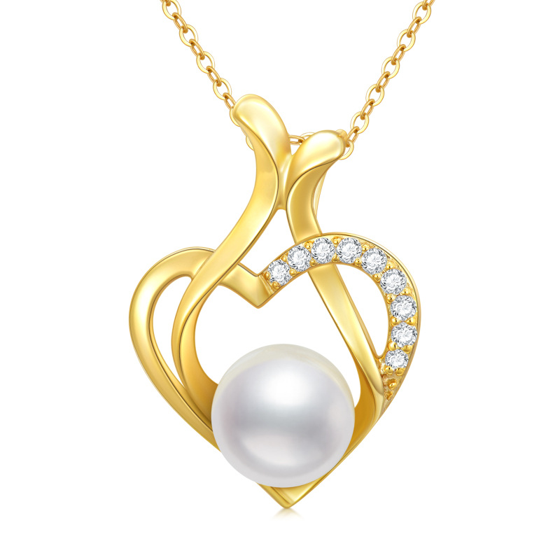 10K Gold Cubic Zirconia & Pearl Peach Blossom & Heart Pendant Necklace-1