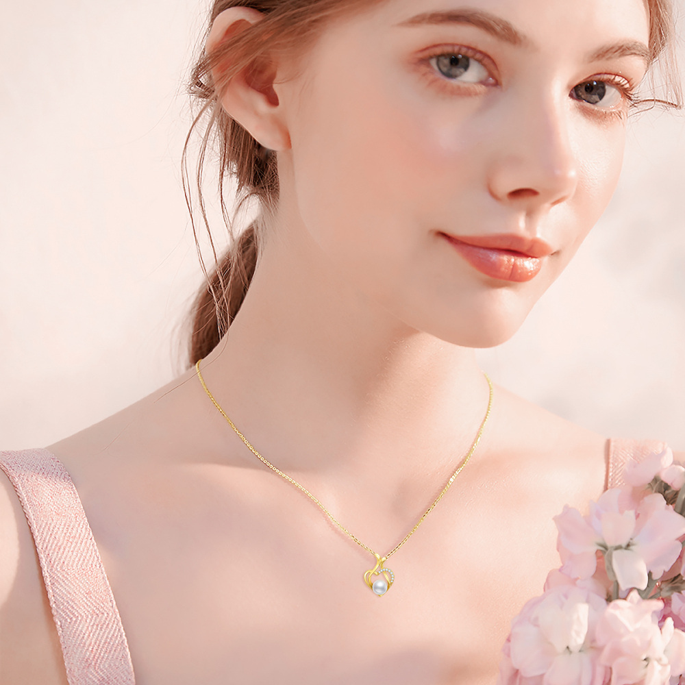 10K Gold Cubic Zirconia & Pearl Peach Blossom & Heart Pendant Necklace-2