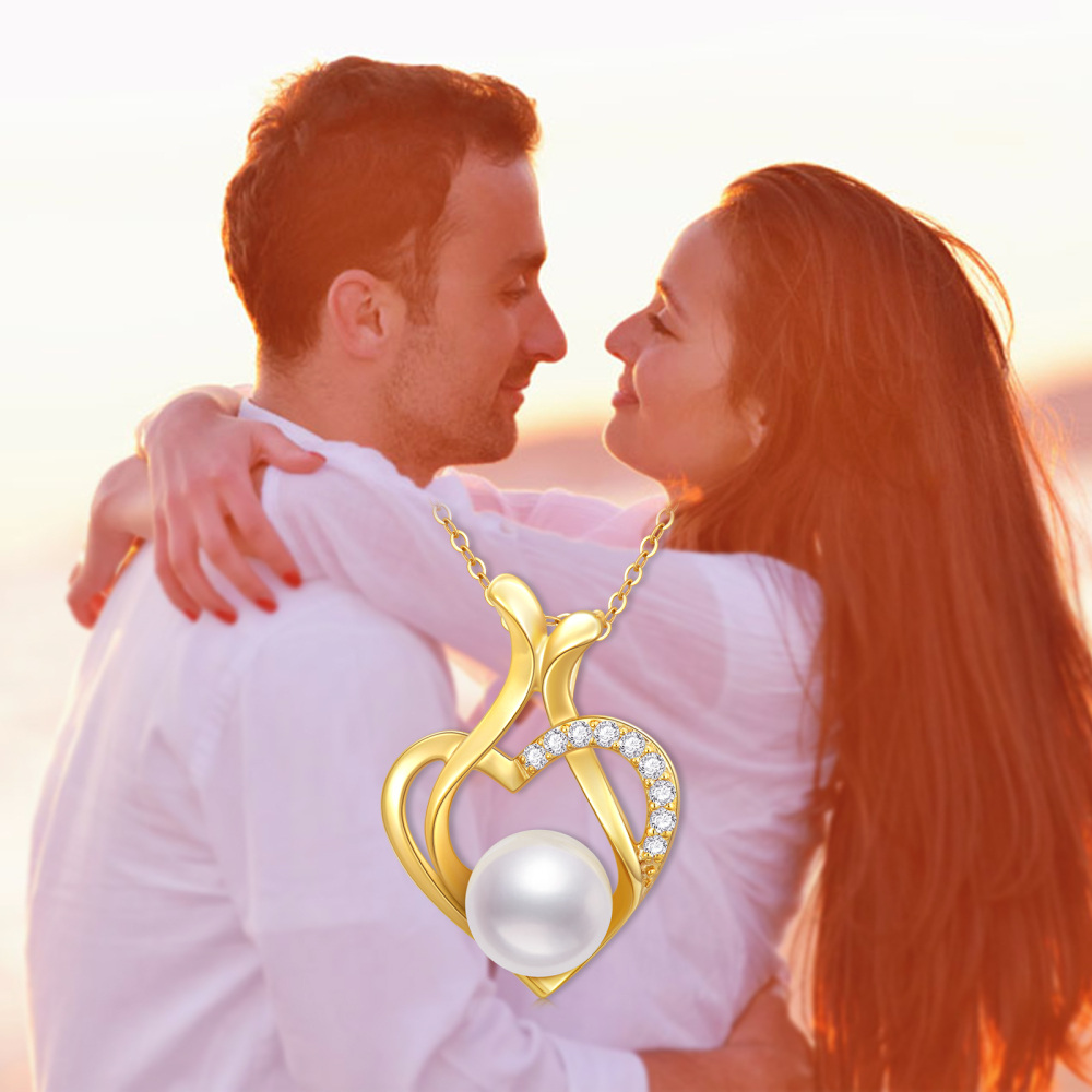 10K Gold Cubic Zirconia & Pearl Peach Blossom & Heart Pendant Necklace-3