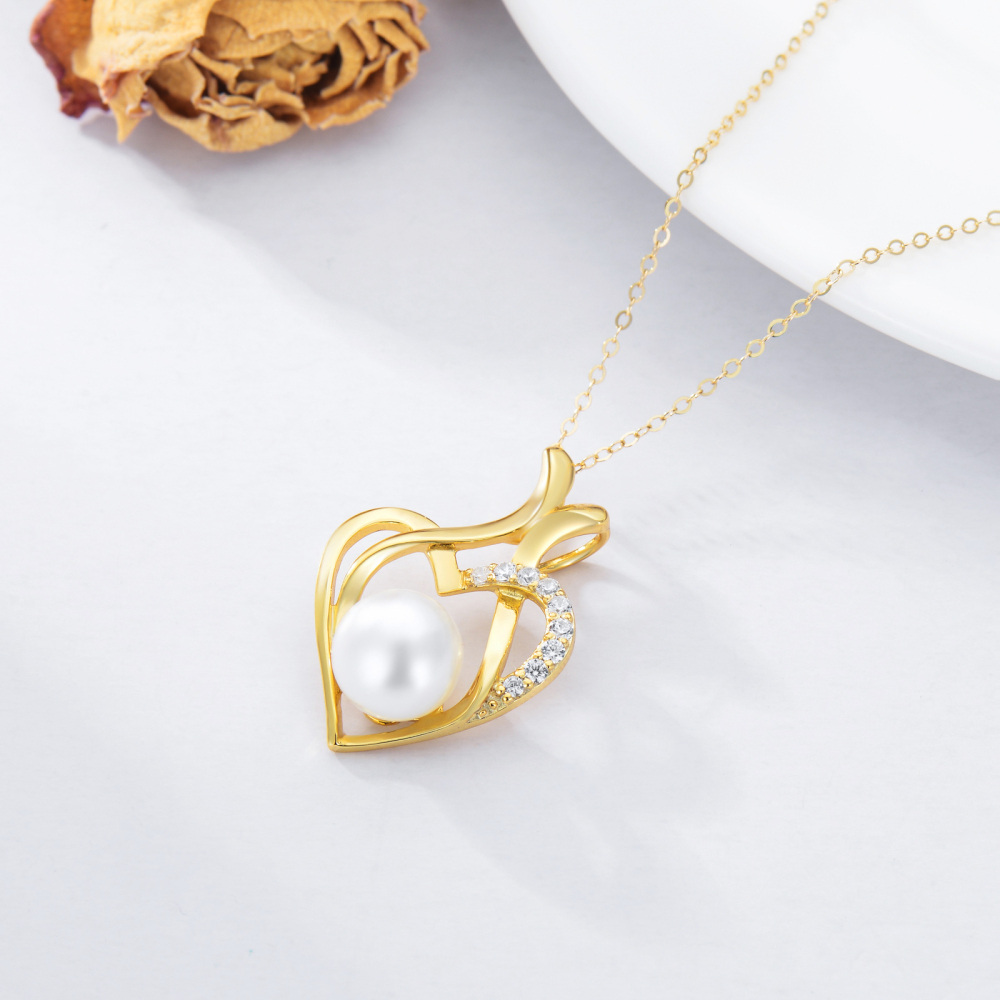 10K Gold Cubic Zirconia & Pearl Peach Blossom & Heart Pendant Necklace-5