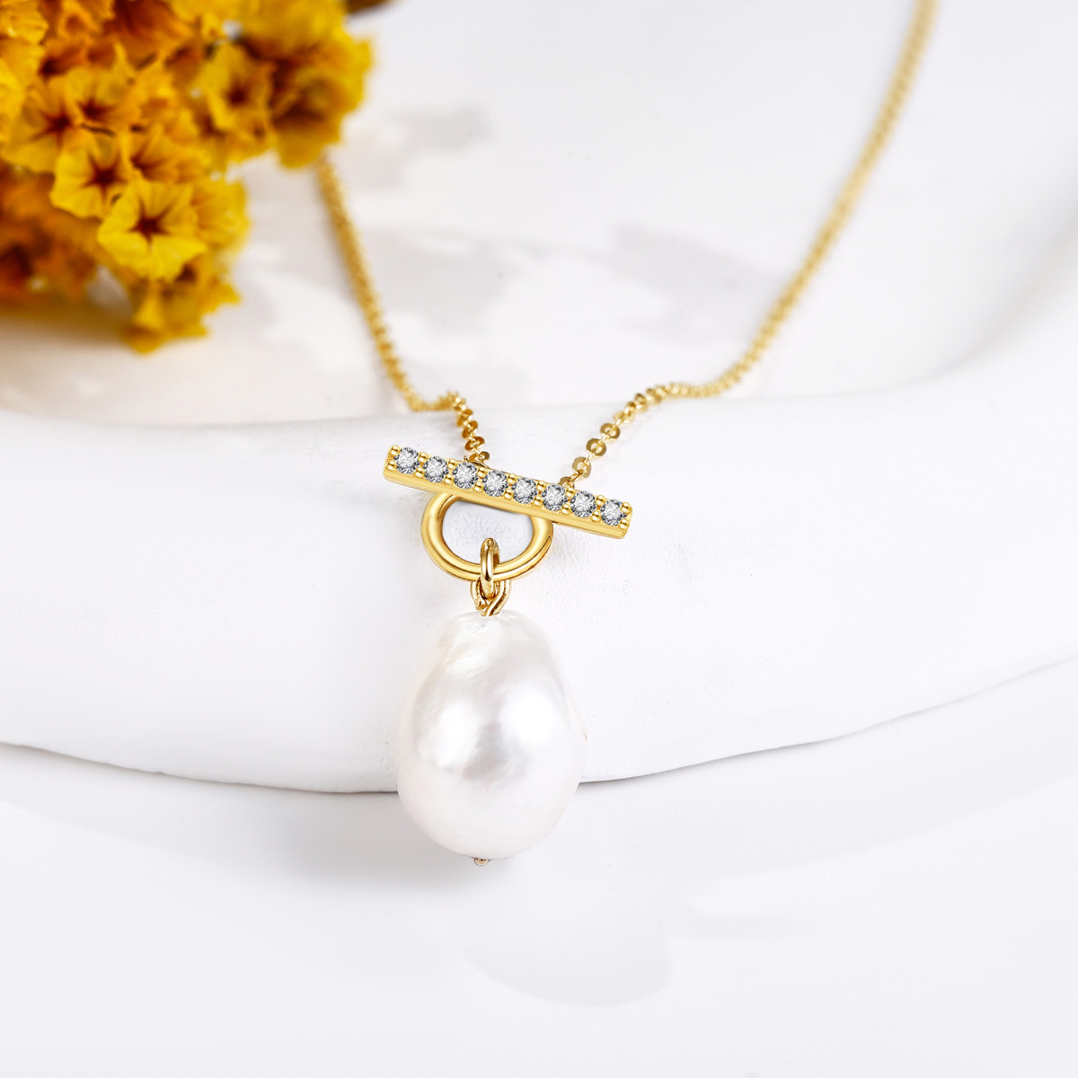 14K Gold Cubic Zirconia & Pearl Pendant Necklace-3