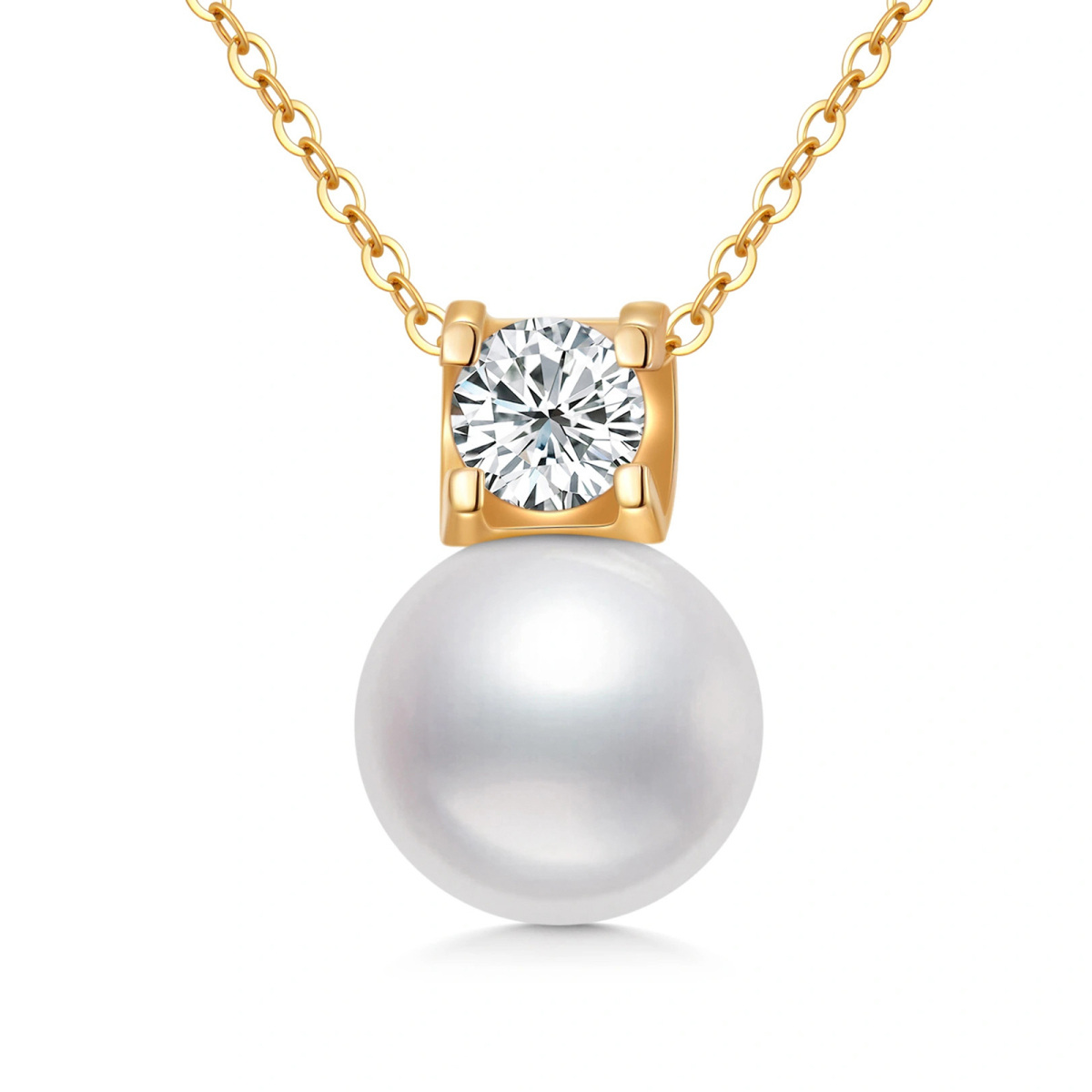 10K Gold Pearl Pendant Necklace with Princess Cut Moissanite-1