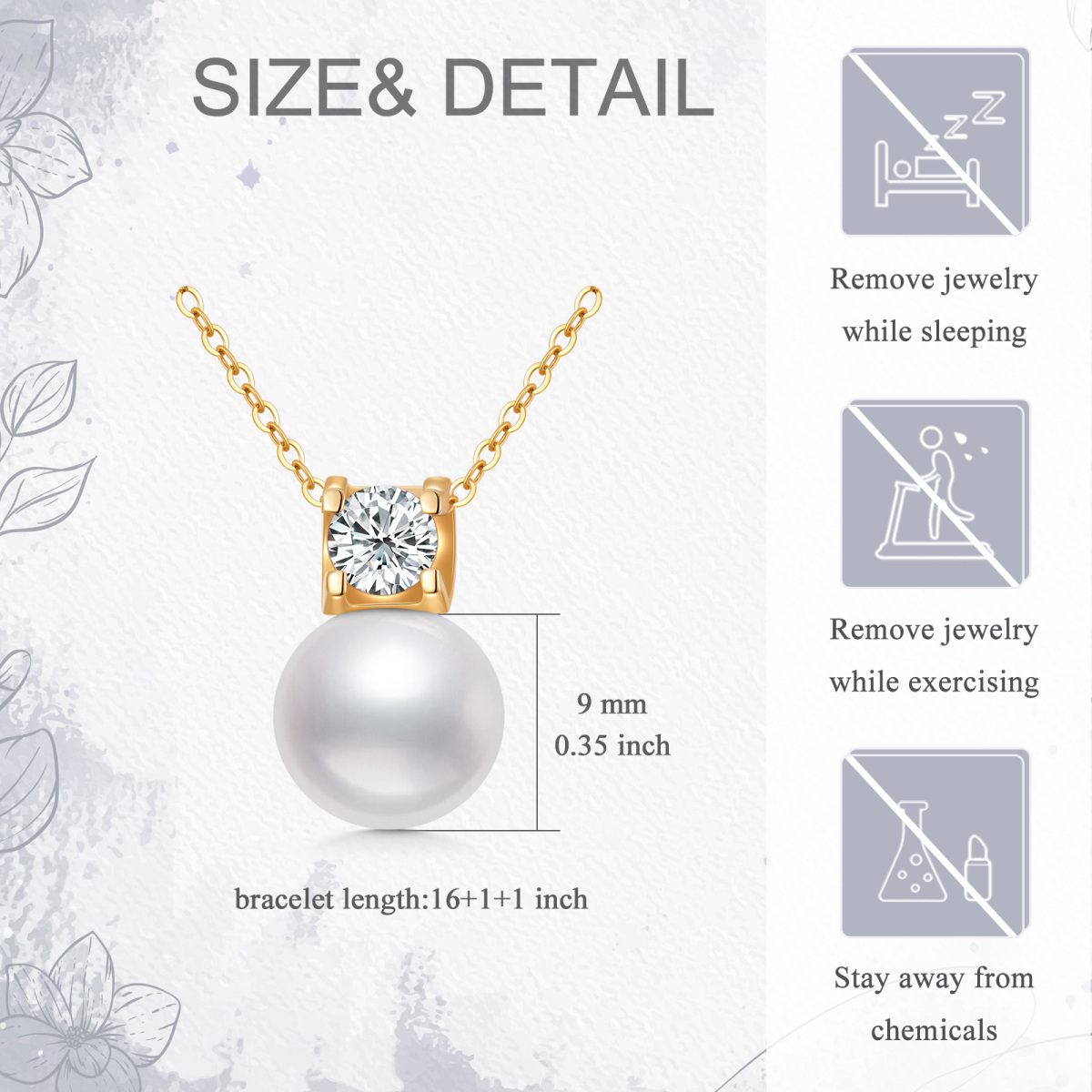 10K Gold Pearl Pendant Necklace with Princess Cut Moissanite-5