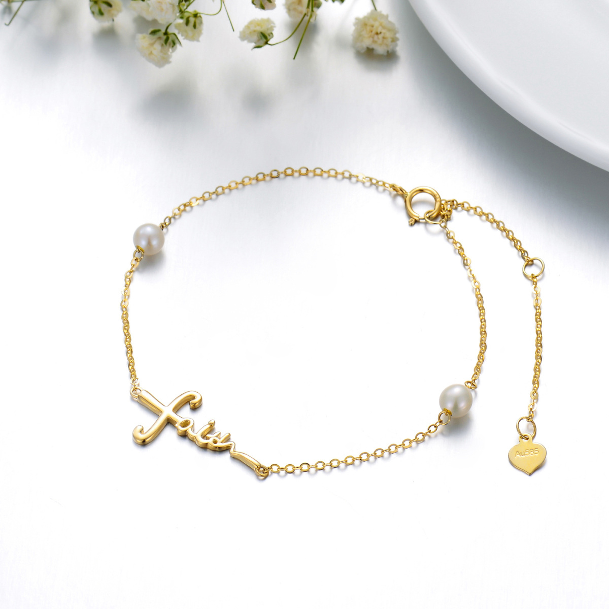 14K Gold Pearl Personalized Engraving Bracelet for Women-3