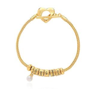 10K Gold Pearl Personalized Engraving Charm Bracelet for Women-16