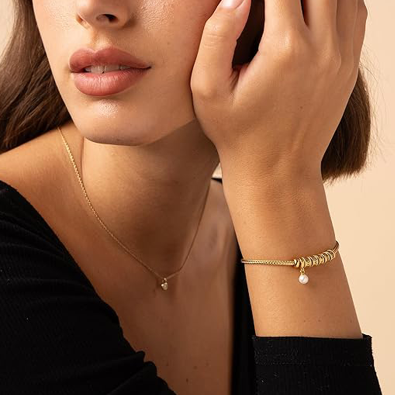 10K Gold Pearl Personalized Engraving Charm Bracelet for Women-2