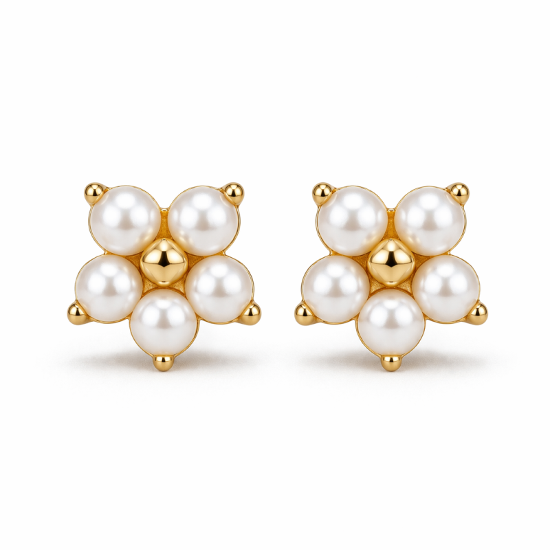 14K Gold Pearl Petal Stud Earrings-1