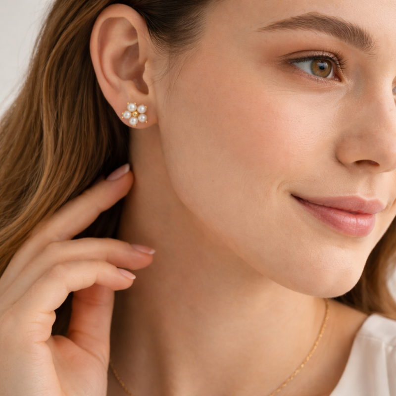 14K Gold Pearl Petal Stud Earrings-2