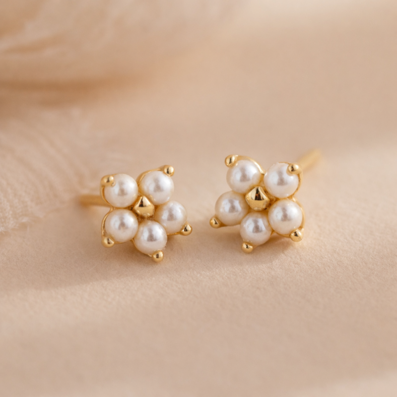 14K Gold Pearl Petal Stud Earrings-3