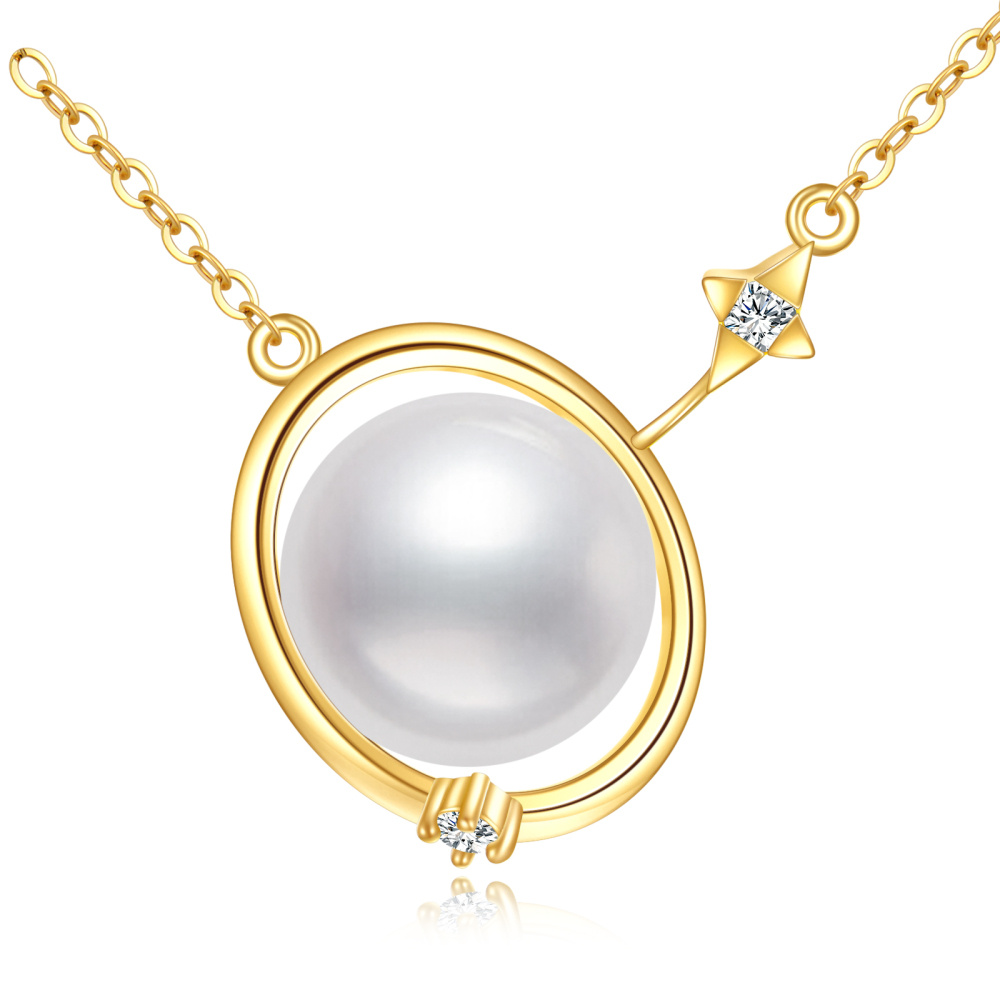 Collana con pendente pianeta perla in oro 14 carati con zircone austriaco 5A-1