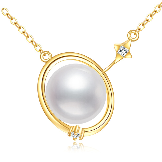 10K Gold Pearl Planet Pendant Necklace with 5A Austria Zircon