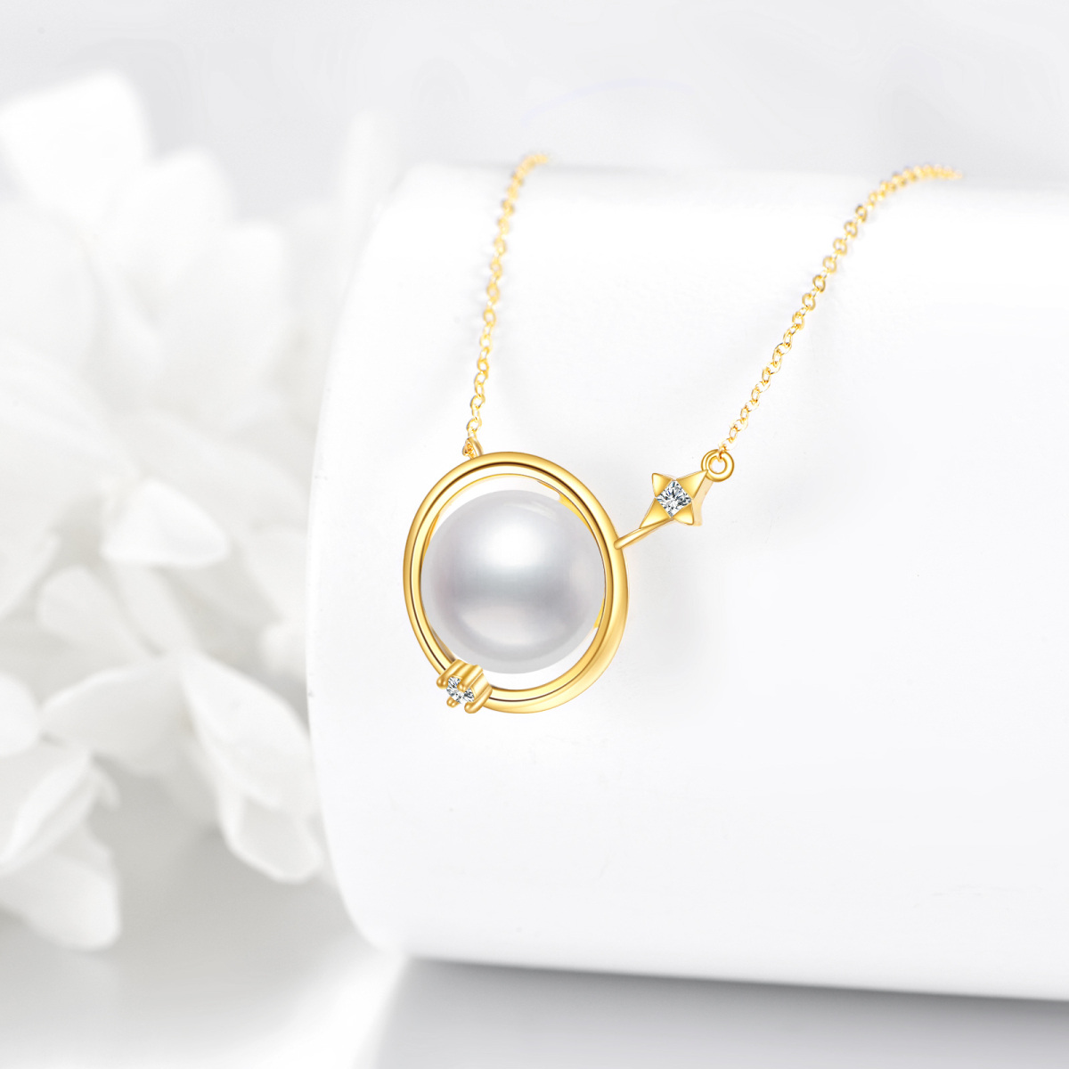 10K Gold Pearl Planet Pendant Necklace with 5A Austria Zircon-3