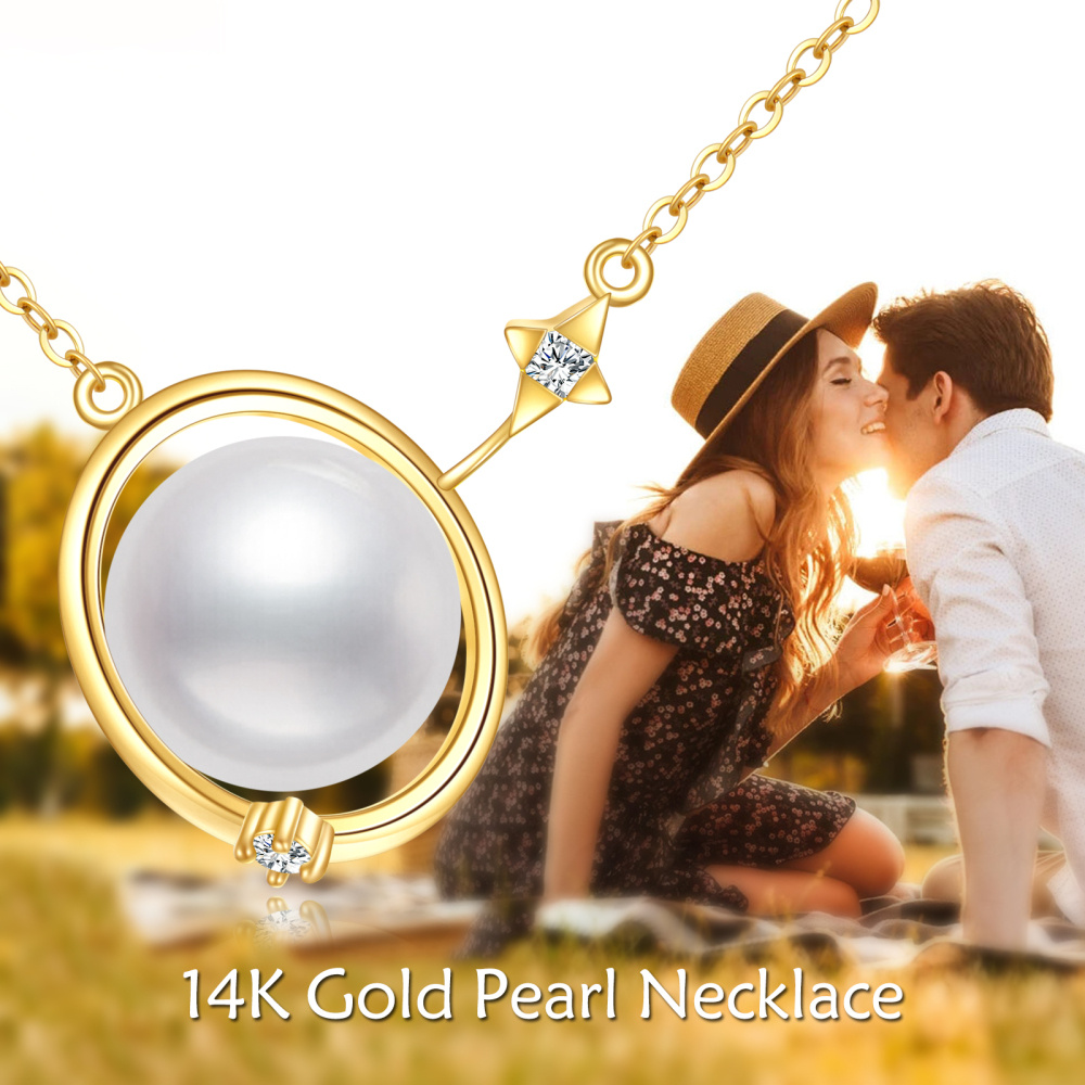 Collana con pendente pianeta perla in oro 14 carati con zircone austriaco 5A-5