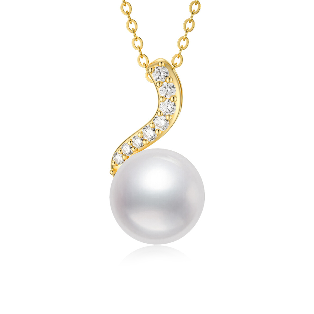 Colar com pingente de fita de zircônia cúbica de pérola de ouro 14K-1