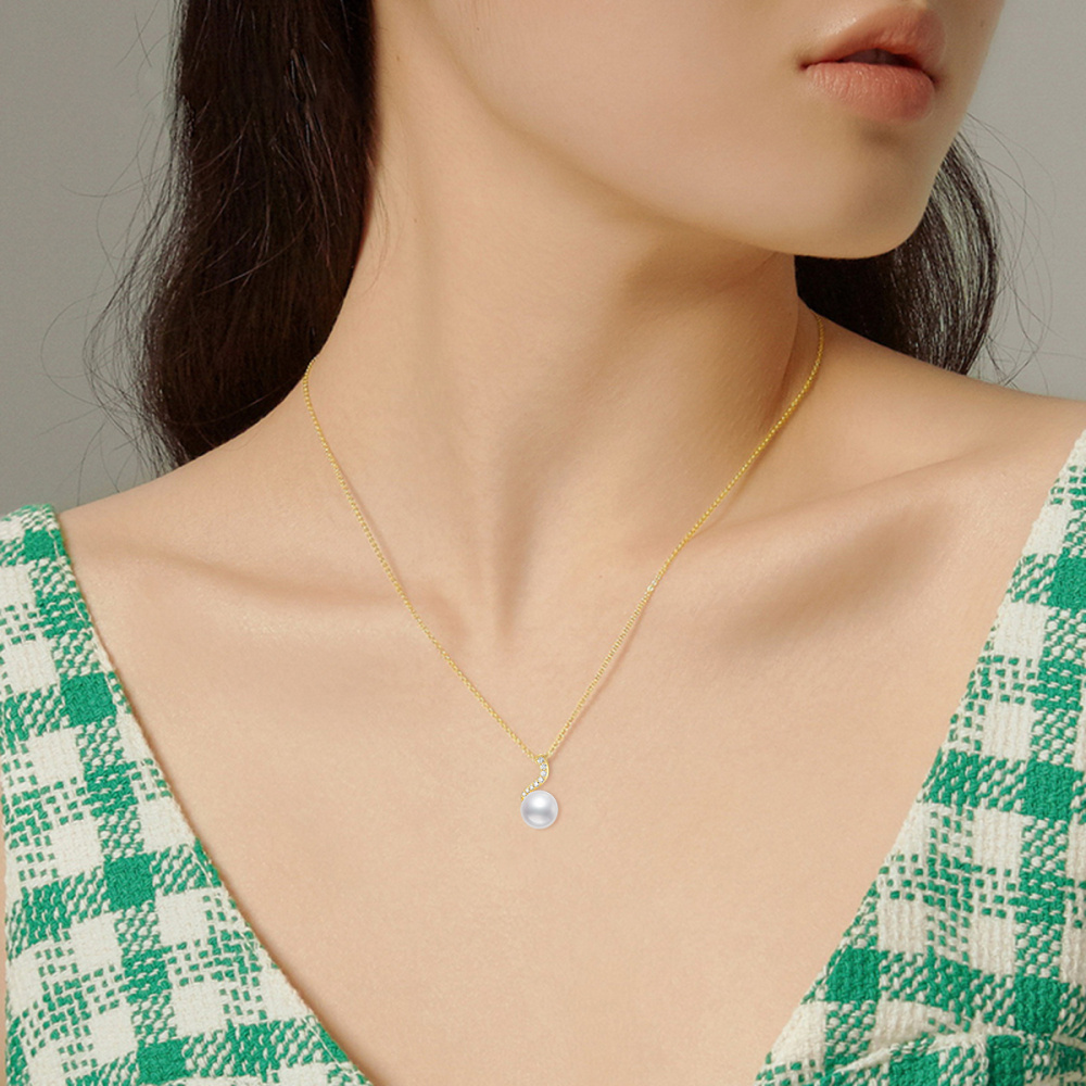 Colar com pingente de fita de zircônia cúbica de pérola de ouro 14K-2