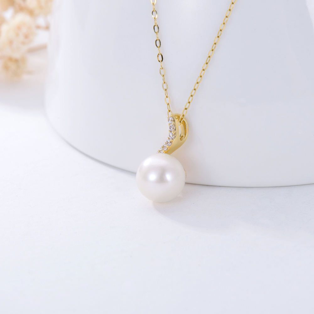 Colar com pingente de fita de zircônia cúbica de pérola de ouro 14K-4