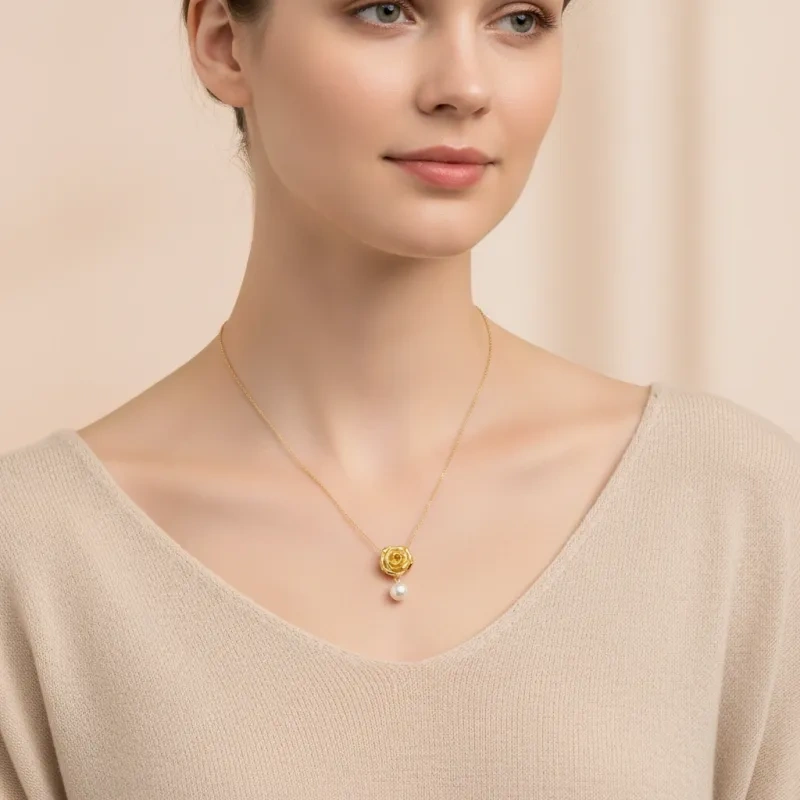 Collier pendentif en or 14K avec perle, rose et inscription « Mama »-2