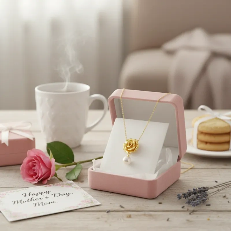 Collier pendentif en or 14K avec perle, rose et inscription « Mama »-3