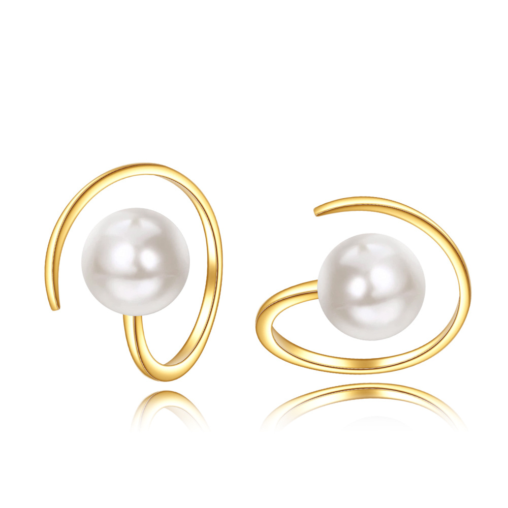 10K Gold Pearl Round Hoop Earrings-1