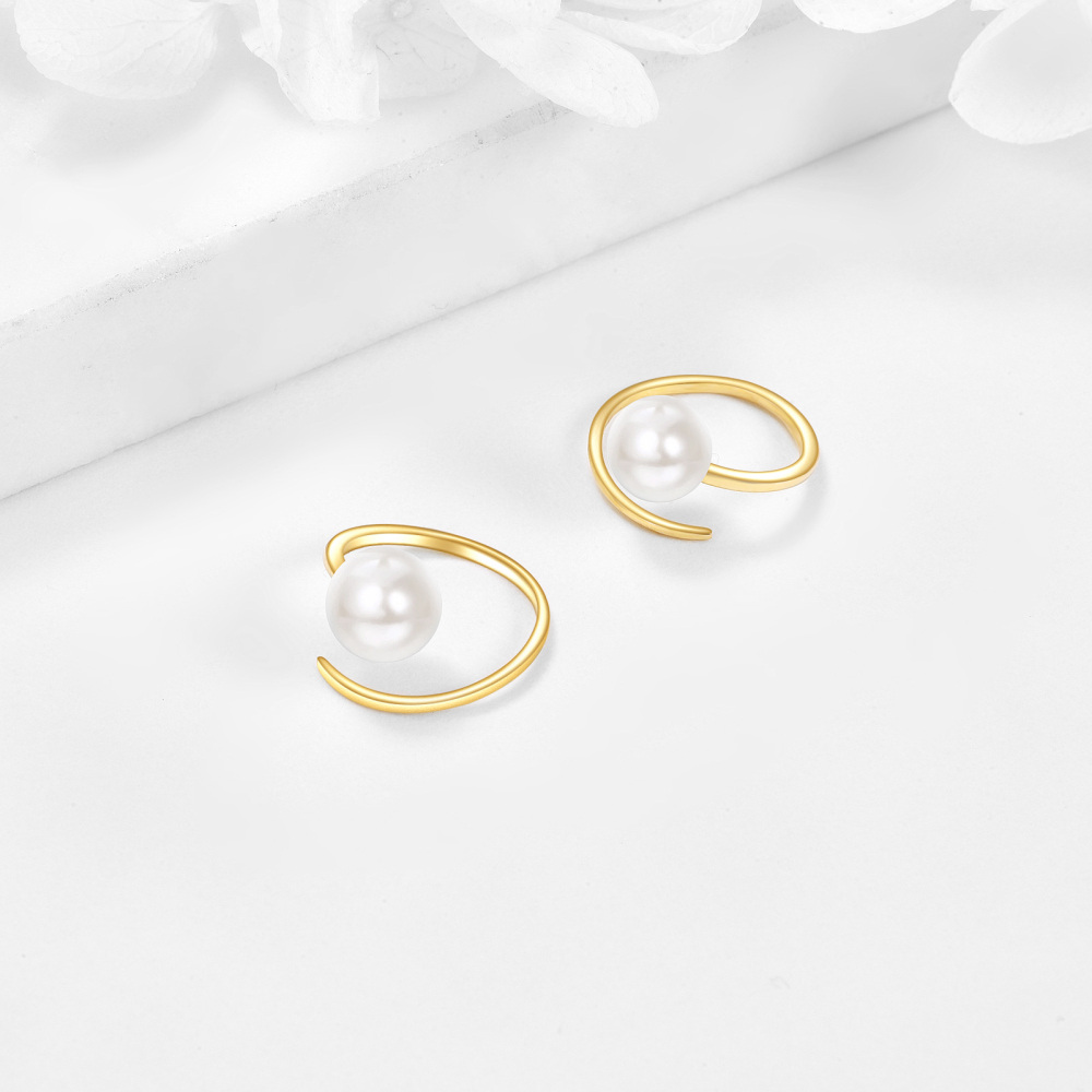 10K Gold Pearl Round Hoop Earrings-3