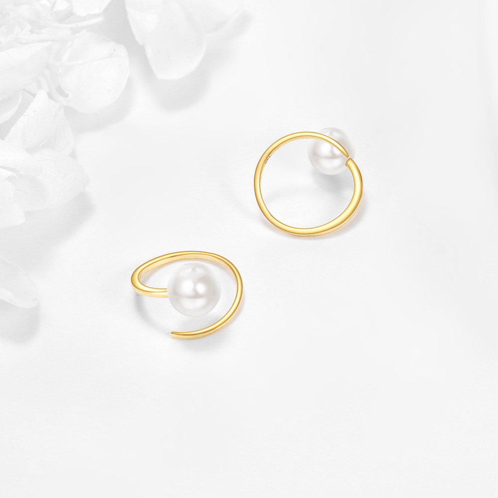 10K Gold Pearl Round Hoop Earrings-4