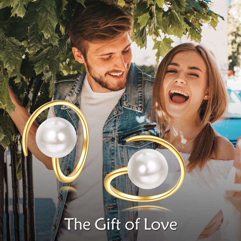 Pendientes de aro redondos de perlas de oro de 10 quilates-6