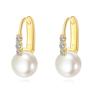 10K Gold Pearl Round Hoop Earrings-12