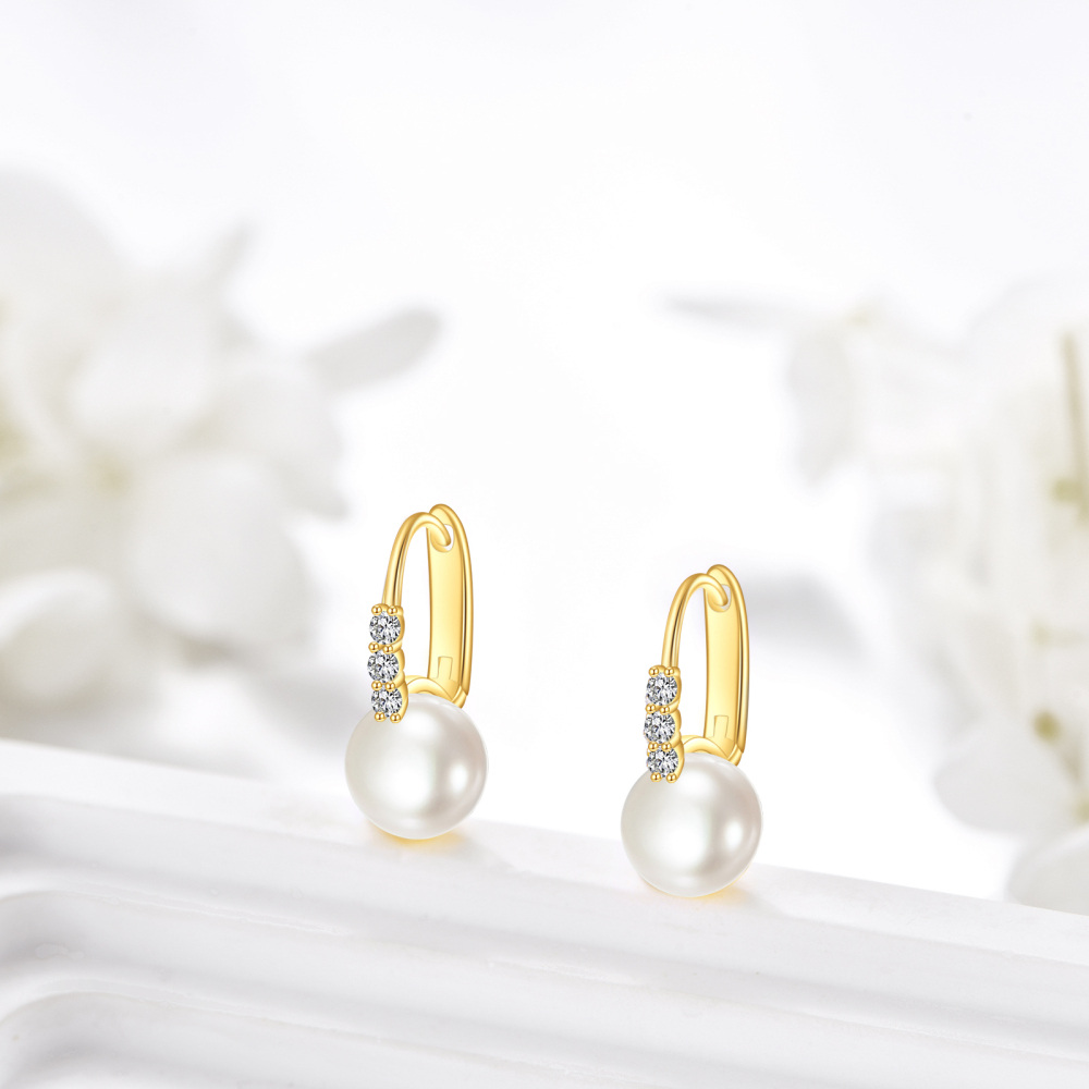 10K Gold Pearl Round Hoop Earrings-3