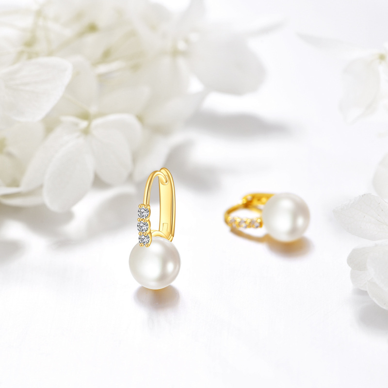 10K Gold Pearl Round Hoop Earrings-4