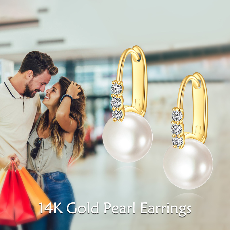 10K Gold Pearl Round Hoop Earrings-6