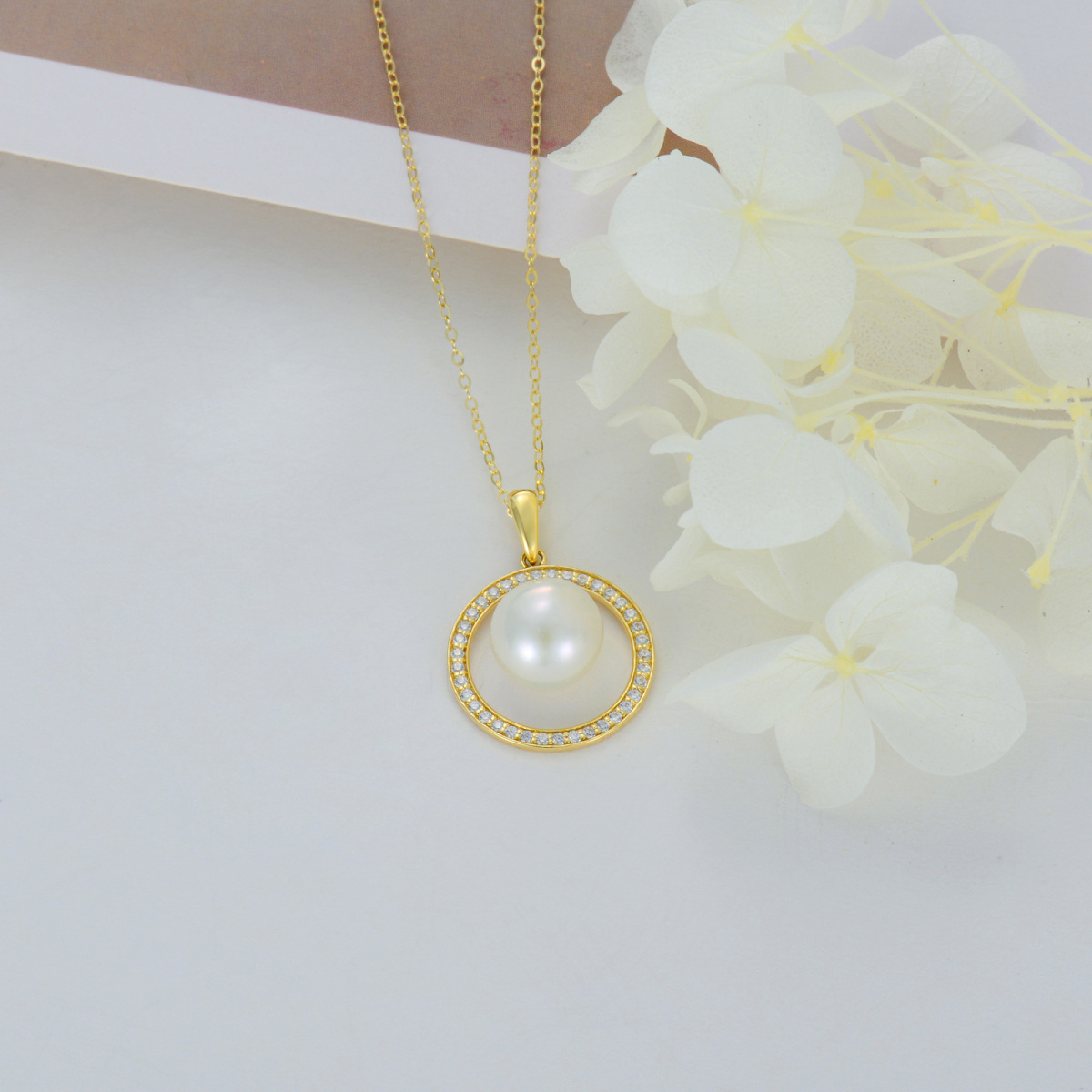 10K Gold Pearl Round/Spherical Pendant Necklace-4