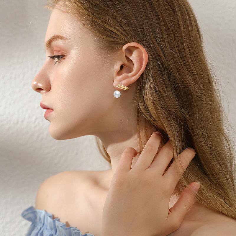 Orecchini a bottone rotondi con perle in oro 10K-2