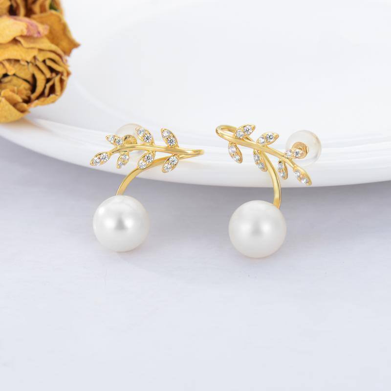 10K Gold Pearl Round Stud Earrings-3