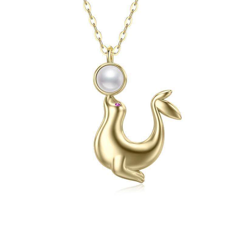 10K Gold Pearl Sea lion Pendant Necklace-2