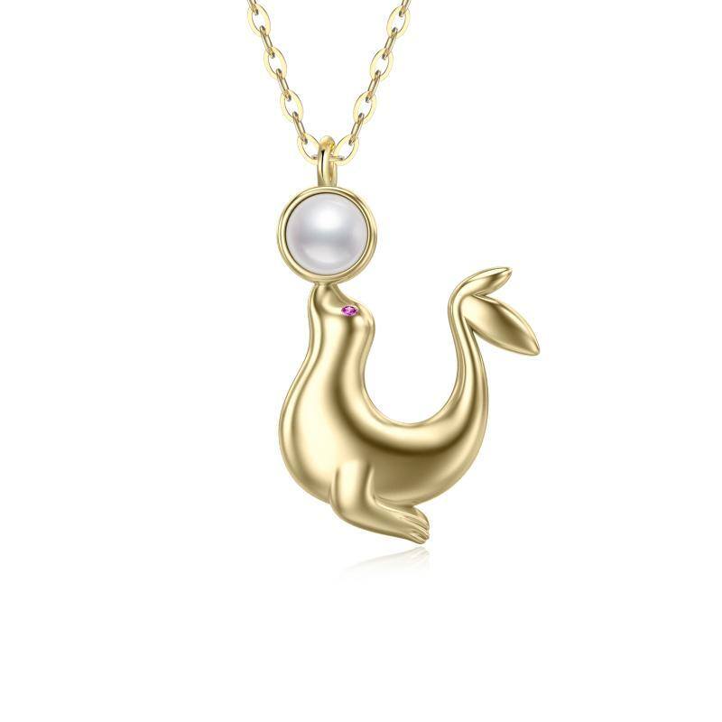 Collana con ciondolo a forma di leone marino con perle in oro 14K-1